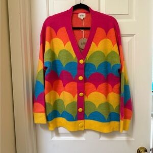 BiBi Pink and Yellow Cardigan Sweater with Scalloped Design